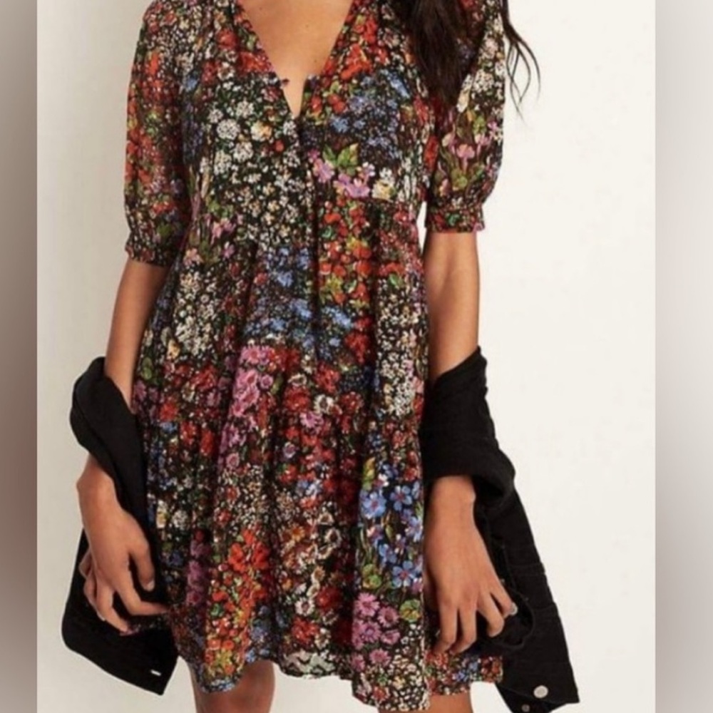 Anthropologie Dress Large Maeve Melinda Tiered Tunic Floral Lined Knee length